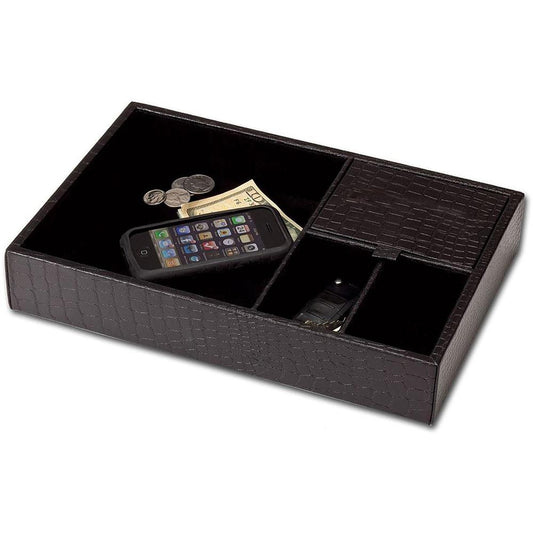 Dacasso Crocodile Embossed Black Leather Standard Valet Tray - 4 Compartment(s) - 2"Desktop - Black - Velveteen, Leather - 1 Each