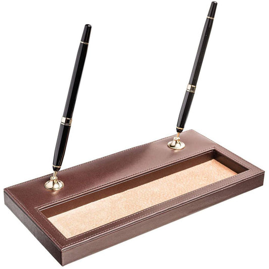 Dacasso Leather Double Pen Stand - Leather - 1 Each - Chocolate Brown, Gold