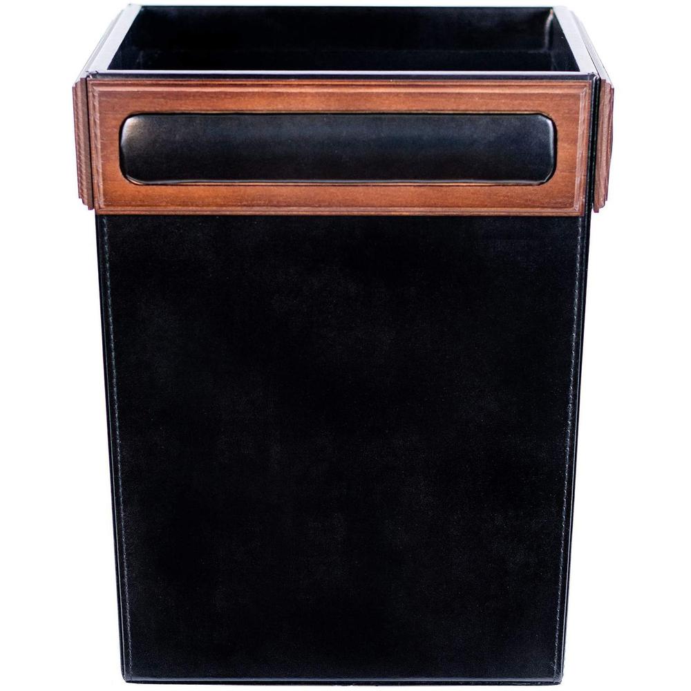 Dacasso Walnut & Leather Waste Basket - 3.50 gal Capacity - Wood, Top Grain Leather, Velveteen - Black - 1 Each