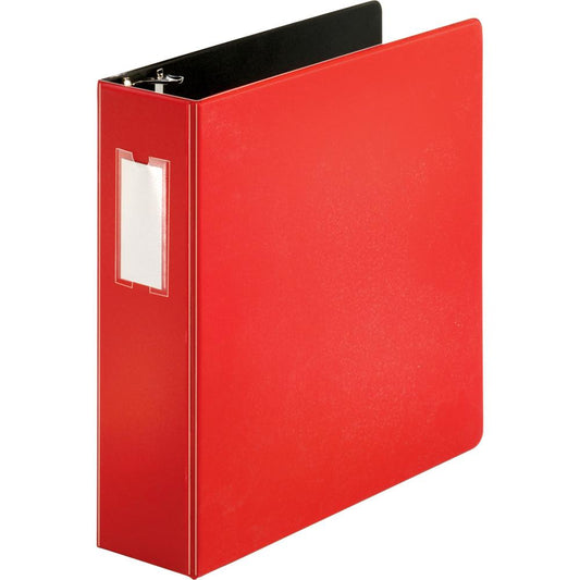 Business Source Slanted D-ring Binders - 3" Binder Capacity - 3 x D-Ring Fastener(s) - 2 Internal Pocket(s) - Chipboard, Polypropylene - Red - PVC-free, Non-stick, Spine Label, Gap-free Ring, Non-glar