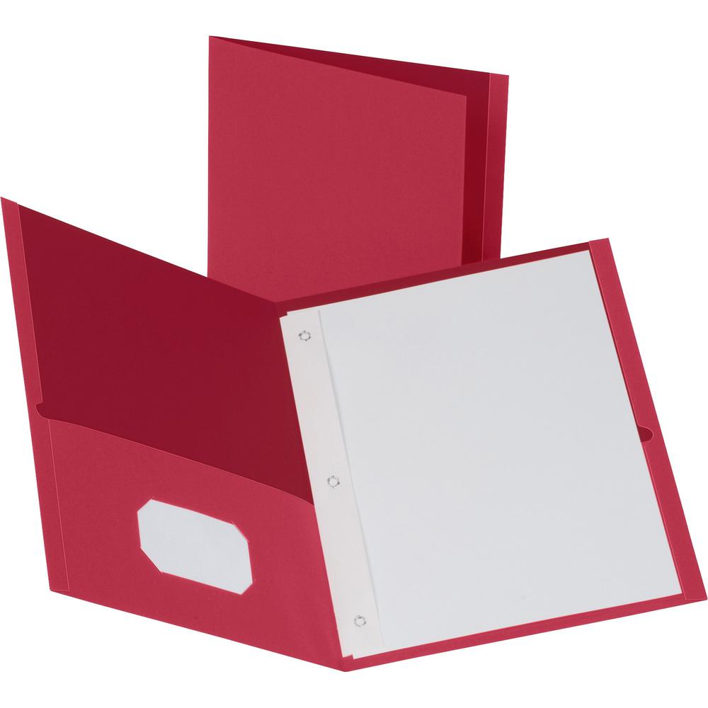 Business Source Letter Recycled Pocket Folder - 8 1/2" x 11" - 100 Sheet Capacity - 3 x Prong Fastener(s) - 1/2" Fastener Capacity - 2 Inside Front & Back Pocket(s) - Leatherette - Red - 35% Recycled