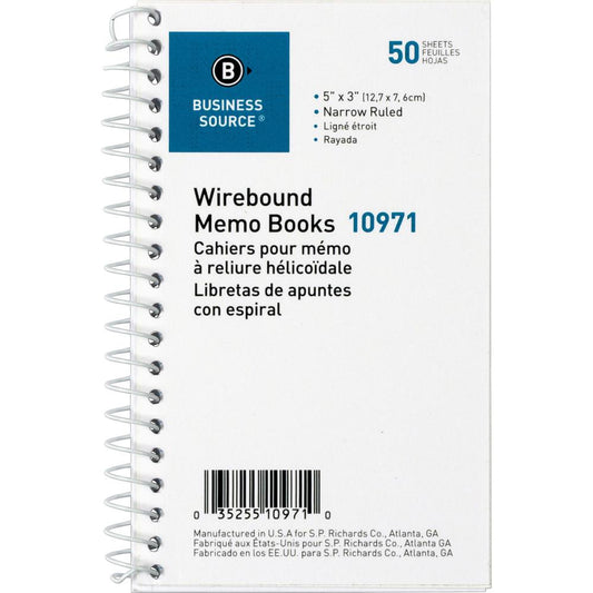 Business Source Side Wirebound Ruled Memo Book - 50 Sheet(s) - Wire Bound - 3" x 5" Sheet Size - White - 1 Dozen