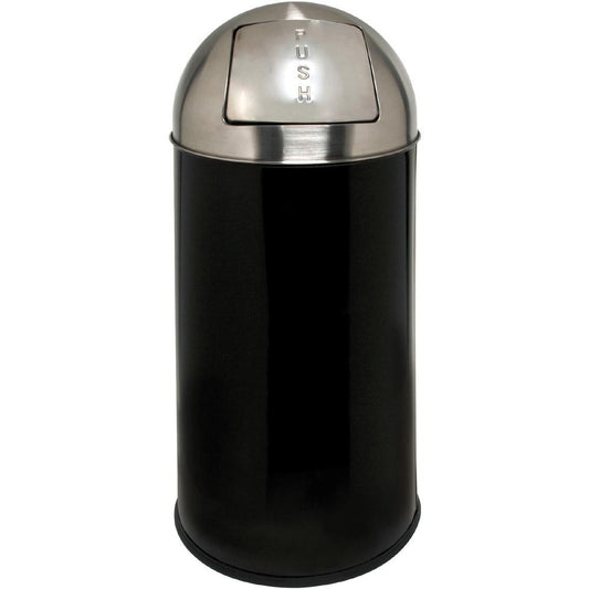 Genuine Joe Push Open Round Top Receptacle - 12 gal Capacity - Round - 29.2" Height x 14.8" Diameter - Black, Silver - 1 Each