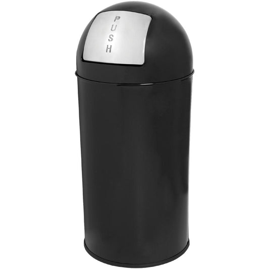 Genuine Joe Push Open Round Top Receptacle - 12 gal Capacity - Round - 29.2" Height x 14.8" Diameter - Black - 1 Each