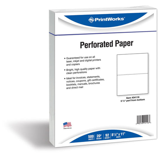 PrintWorks Professional Pre-Perforated Paper for Statements, Tax Forms, Bulletins, Planners & More - Letter - 8 1/2" x 11" - 20 lb Basis Weight - 500 / Ream - Perforated - White