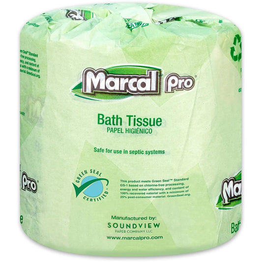 Marcal Pro 100% Recycled Bathroom Tissue - 2 Ply - 4" x 4" - 500 Sheets/Roll - White - Chlorine-free, Dye-free, Fragrance-free, Lint-free, Eco-friendly, Septic Safe, Bleach-free, Strong, Absorbent - F