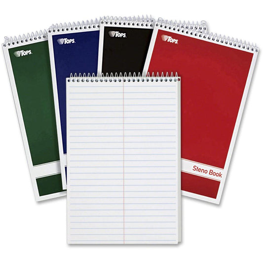 TOPS Gregg-ruled Steno Book - 80 Sheets - Wire Bound - 15 lb Basis Weight - 6" x 9" - 1.25" x 9" x 6" - White Paper - Red, Green, Black, Blue Cover - Durable Cover, Rigid, Chipboard Backing, Acid-free