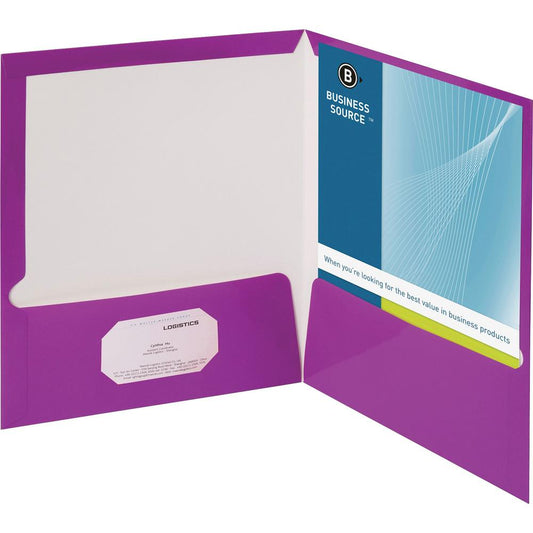 Business Source Letter Pocket Folder - 8 1/2" x 11" - 100 Sheet Capacity - 2 Internal Pocket(s) - Card Paper - Purple - 25 / Box