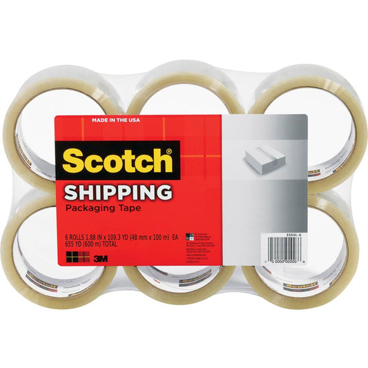 Scotch Lightweight Shipping/Packaging Tape - 109 yd Length x 1.88" Width - 2.2 mil Thickness - 3" Core - Synthetic Rubber Resin Backing - For Sealing, Packing - 6 / Pack - Clear