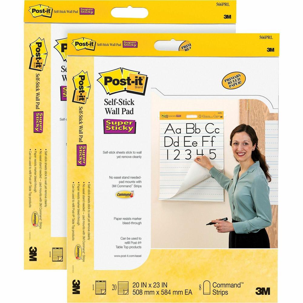 Post-it&reg; Self-Stick Wall Pads - 20 Sheets - Stapled - Ruled Blue Margin - 18.50 lb Basis Weight - 20" x 23" - White Paper - Self-adhesive, Bleed Resistant, Repositionable, Resist Bleed-through, Re