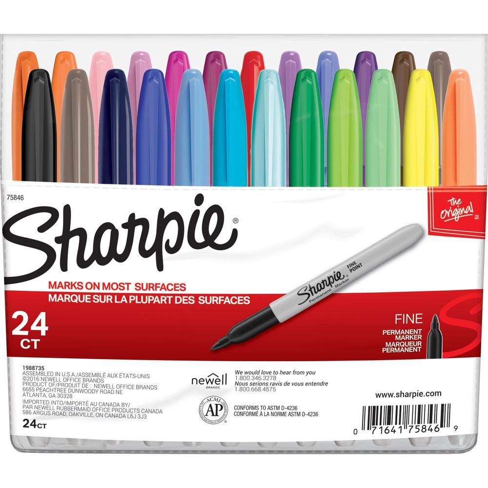 Sharpie Fine Point Permanent Marker - Fine Marker Point - 1 mm Marker Point Size - Black, Blue, Red, Green, Yellow, Purple, Brown, Orange, Berry, Lime, Aqua, ... Alcohol Based Ink - 24 / Set