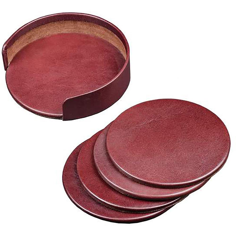 Dacasso Leather Coasters - Set of 4 with Holder - 4 Coaster of 4" Diameter - Round - Mocha - Top Grain Leather, Felt - 1Each