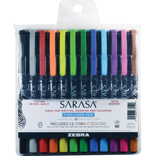 Zebra SARASA Fineliner Pen - Fine Marker Point - 1 mm Marker Point Size - Assorted - Assorted Barrel - 12 / Pack