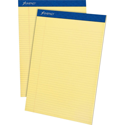 Ampad Writing Pad - 50 Sheets - Stapled - 0.25" Ruled - 15 lb Basis Weight - Letter - 8 1/2" x 11"8.5" x 11.8" - Canary Paper - Dark Blue Binder - Micro Perforated, Chipboard Backing, Sturdy Back, Tea