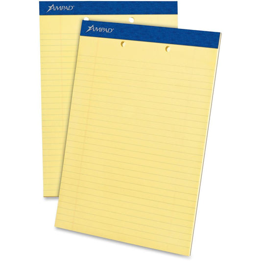 Ampad Writing Pad - 50 Sheets - Stapled - 0.34" Ruled - 15 lb Basis Weight - Letter - 8 1/2" x 11"8.5" x 11.8" - Canary Yellow Paper - Dark Blue Binding - Micro Perforated, Sturdy Back, Chipboard Back