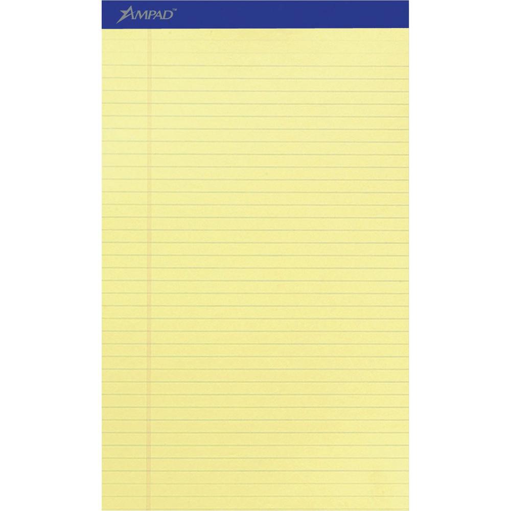 Ampad Writing Pad - 50 Sheets - Stapled - 0.34" Ruled - 15 lb Basis Weight - Legal - 8 1/2" x 14" - Canary Yellow Paper - Dark Blue Binding - Perforated, Sturdy Back, Chipboard Backing, Tear Resistant