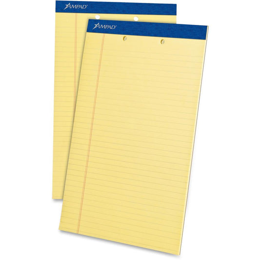 Ampad Writing Pad - 50 Sheets - Stapled - 0.34" Ruled - 2 Hole(s) - 15 lb Basis Weight - Legal - 8 1/2" x 14" - Canary Yellow Paper - Dark Blue Binding - Perforated, Sturdy Back, Chipboard Backing, Te