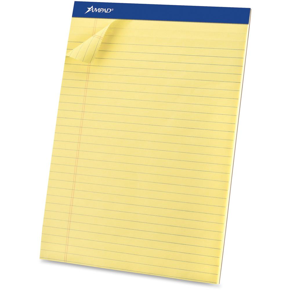 Ampad Basic Perforated Writing Pads - Legal - 50 Sheets - Stapled - 0.34" Ruled - 15 lb Basis Weight - Legal - 8 1/2" x 11 1/2"8.5" x 11.8" - Canary Yellow Paper - Dark Blue Binding - Sturdy Back, Chi