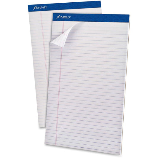 Ampad Perforated Ruled Pads - Legal - 50 Sheets - Stapled - 0.34" Ruled - 20 lb Basis Weight - Legal - 8 1/2" x 14" - White Paper - White Cover - Sturdy Back, Header Strip, Pinhole Perforated, Chipboa