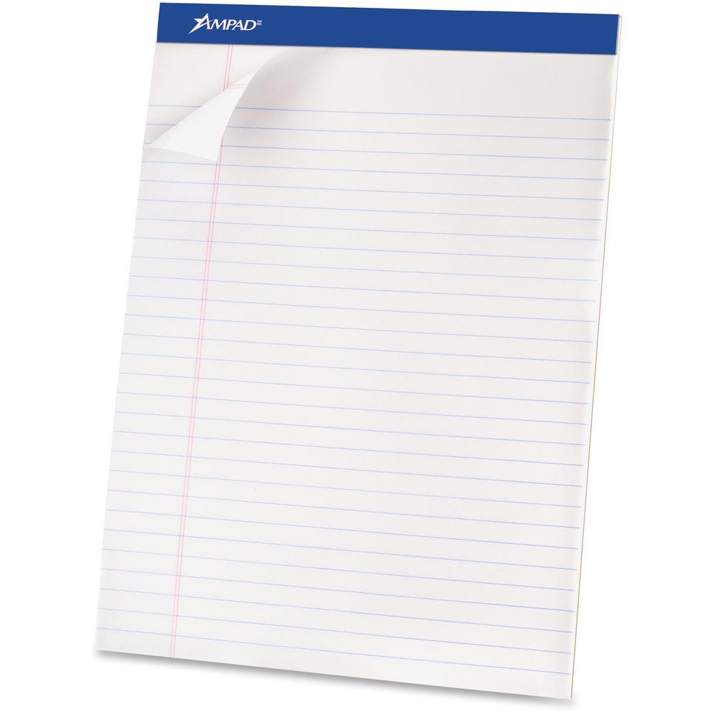 Ampad Basic Perforated Writing Pads - 50 Sheets - Stapled - 0.34" Ruled - 15 lb Basis Weight - 8 1/2" x 11 3/4" - White Paper - White Cover - Sturdy Back, Header Strip, Micro Perforated, Chipboard Bac