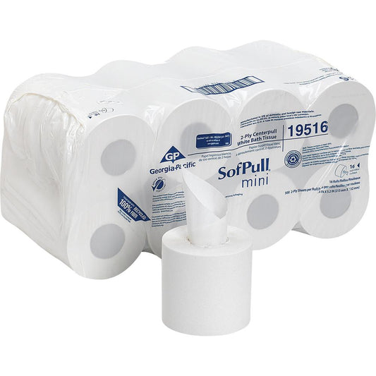 SofPull Centerpull Mini Toilet Paper - 2 Ply - 5.25" x 8.50" - 500 Sheets/Roll - White - Fiber - Perforated, Center Pull, Soft - For Bathroom - 16 Rolls Per Carton - 16 / Carton