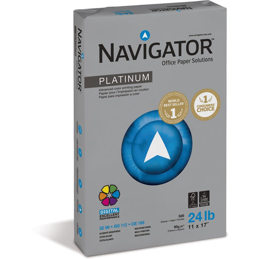 Navigator Platinum Superior Productivity Multipurpose Paper - Silky Touch - Bright White - 99 Brightness - 96% Opacity - 11" x 17" - 24 lb Basis Weight - Extra Smooth - 2500 / Carton - Jam-free - Brig