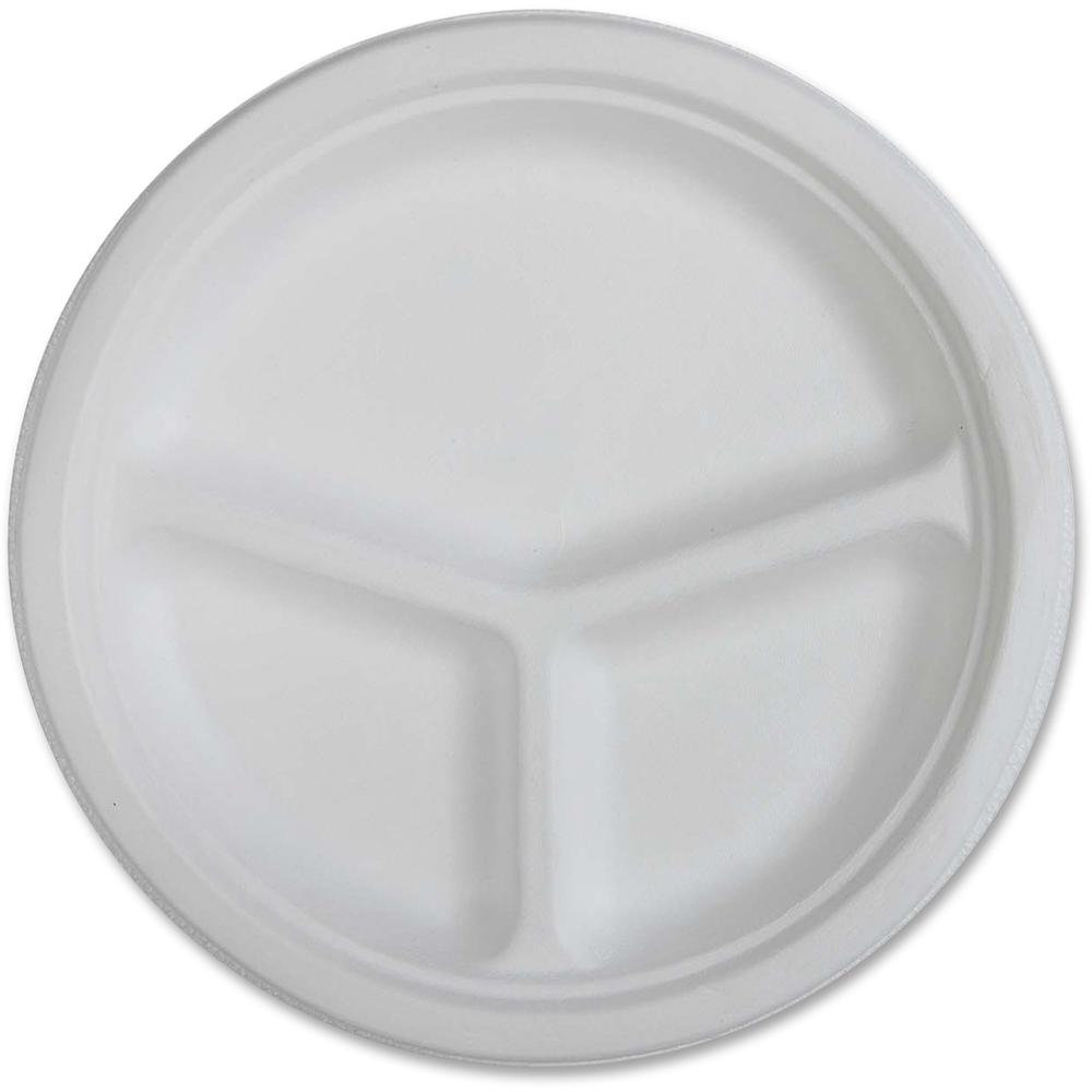 Genuine Joe 10" 3-Compartment Disposable Plates - Disposable - White - Sugarcane Body - 50 / Pack