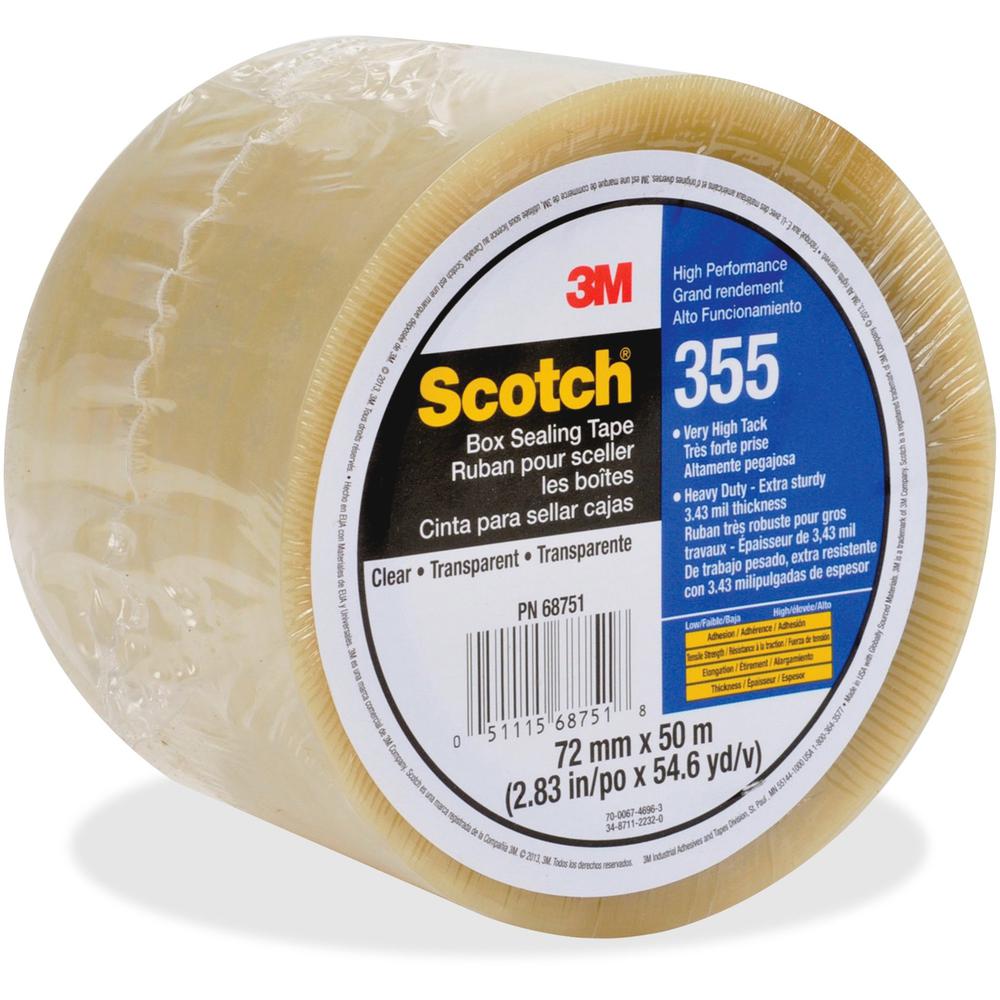 Scotch Box-Sealing Tape 355 - 54.68 yd Length x 2.83" Width - 3.5 mil Thickness - 3" Core - Rubber Resin - Polyester Backing - Moisture Resistant, Scuff Resistant, Split Resistant, Abrasion Resistant,