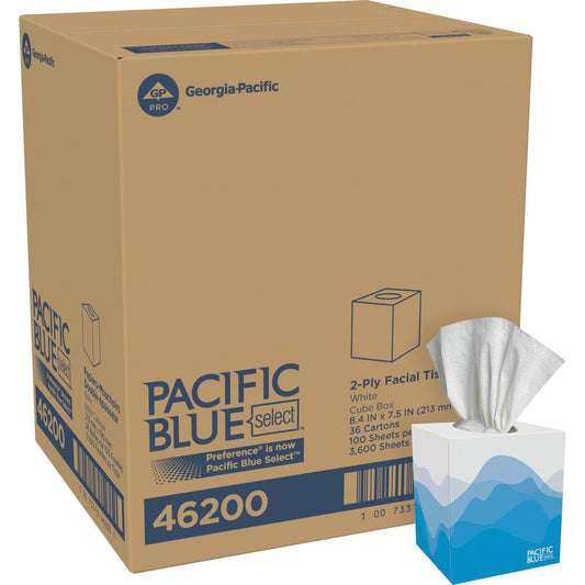 Pacific Blue Select Facial Tissue by GP Pro - Cube Box - 2 Ply - 7.65" x 8.85" - White - Soft, Absorbent - 100 Per Box - 36 / Carton