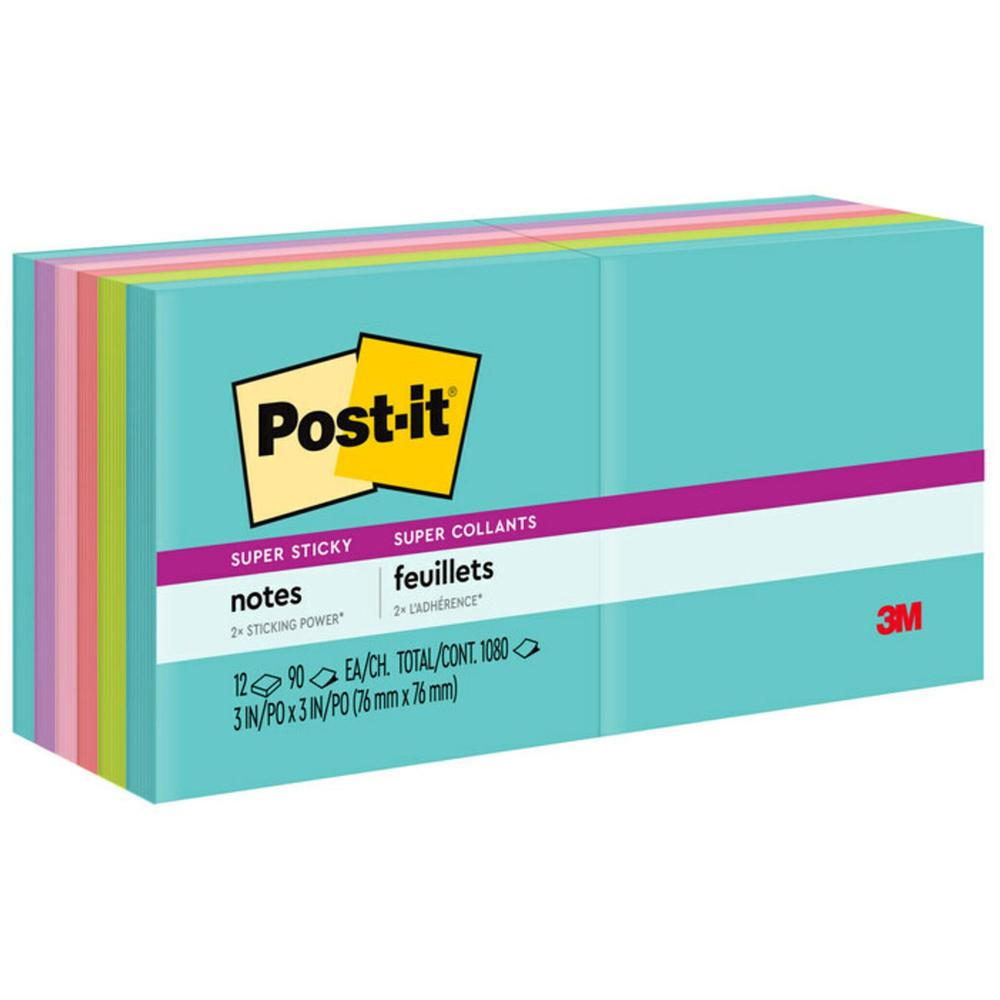 Post-it&reg; Super Sticky Notes - Supernova Neons Color Collection - 1080 x Multicolor - 3" x 3" - Rectangle - 90 Sheets per Pad - Aqua Splash, Tropical Pink, Acid Lime, Guava, Iris Infusion - Paper -