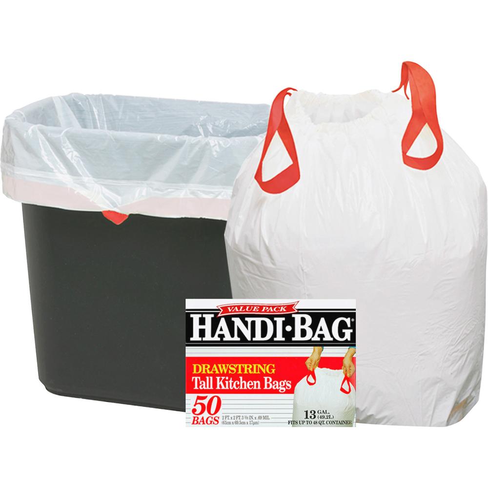 Berry Handi-Bag Drawstring Tall Kitchen Bags - Small Size - 13 gal Capacity - 24" Width x 27" Length - 0.69 mil (18 Micron) Thickness - Drawstring Closure - White - Resin - 6/Carton - 50 Per Box - Kit