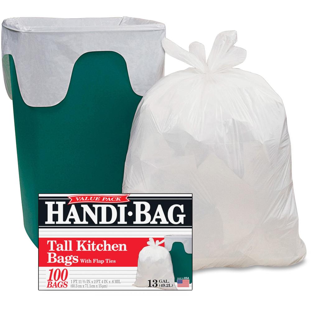 Berry Handi-Bag Flap Tie Tall Kitchen Bags - Small Size - 13 gal Capacity - 23.50" Width x 29" Length - 0.60 mil (15 Micron) Thickness - White - Hexene Resin - 6/Carton - 100 Per Box - Home, Office, K