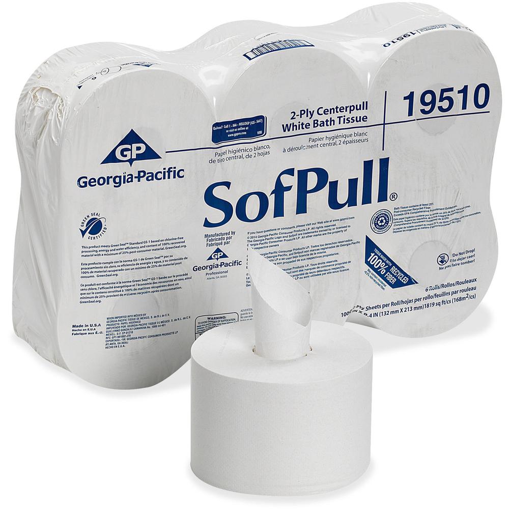 SofPull Centerpull High-Capacity Toilet Paper - 2 Ply - 5.25" x 8.40" - 1000 Sheets/Roll - 8.10" Roll Diameter - White - Perforated, Soft, Chlorine-free, Center Pull - For Bathroom - 6 / Carton