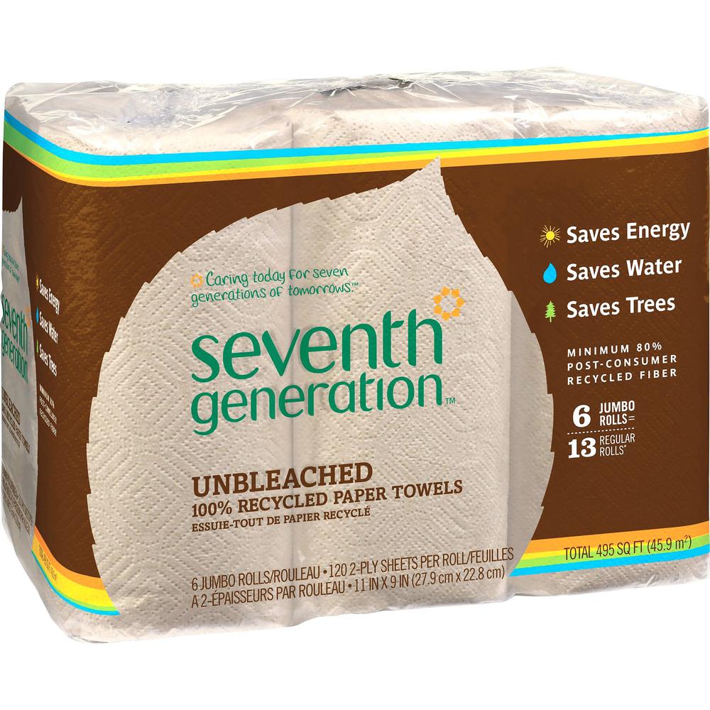 Seventh Generation 100% Recycled Paper Towels - 2 Ply - 11" x 9" - 120 Sheets/Roll - Natural - Paper - Unbleached, Chlorine-free, Fragrance-free, Dye-free, Ink-free, Absorbent - For Kitchen, Household