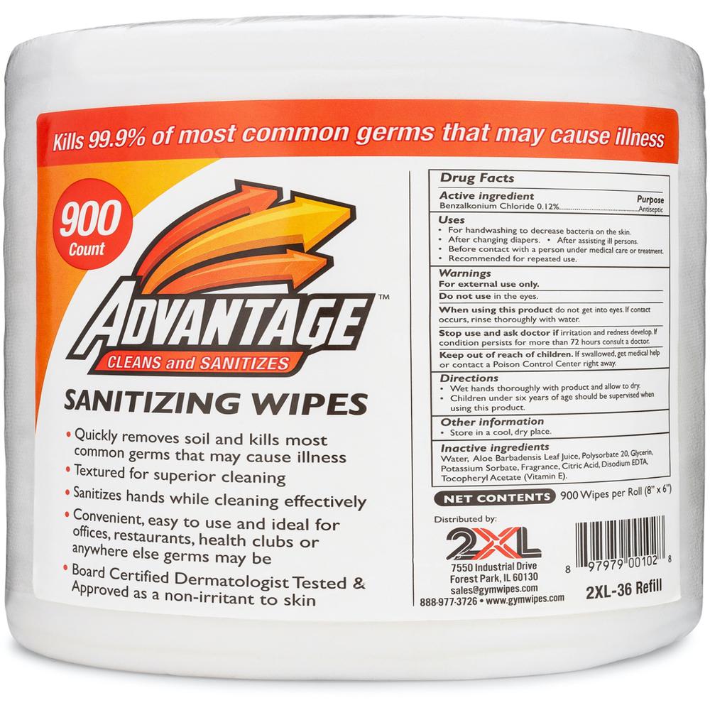 2XL Advantage Sanitizing Wipes - 6" x 8" - White - Alcohol-free - For Health Club - 900 Per Bucket - 1 / Roll