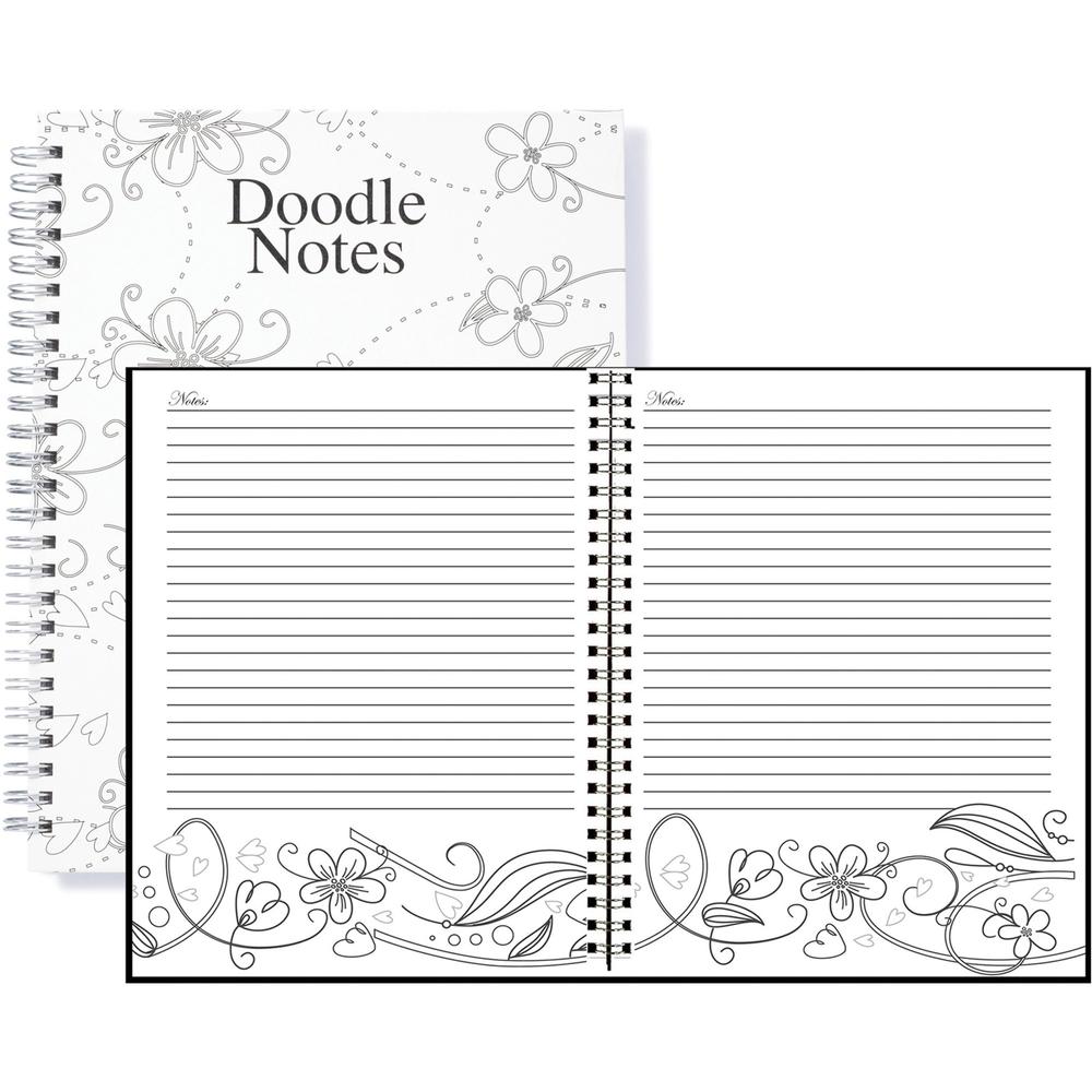 House of Doolittle Doodle Notes Spiral Notebook - 111 Pages - Spiral Bound - 7" x 9" - Black & White Flower Cover - Hard Cover - Recycled - 1 Each