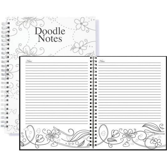 House of Doolittle Doodle Notes Spiral Notebook - 111 Pages - Spiral Bound - 7" x 9" - Black & White Flower Cover - Hard Cover - Recycled - 1 Each