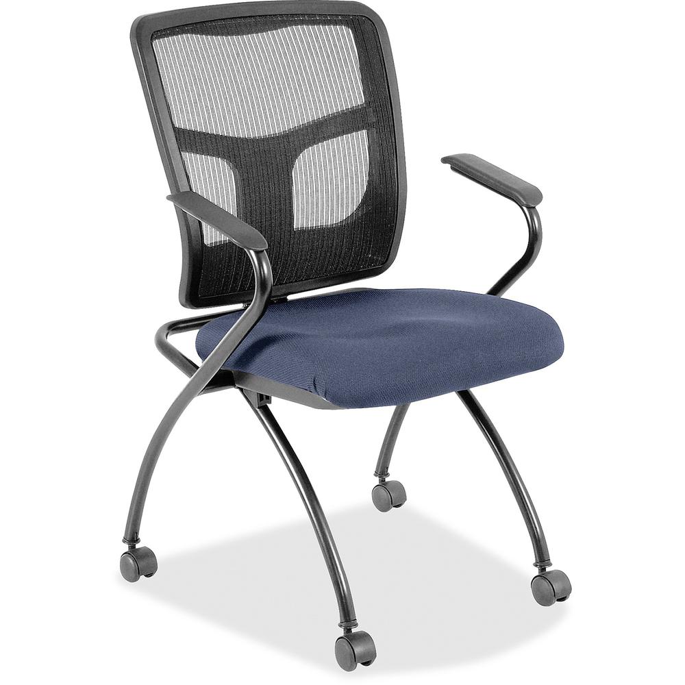 Lorell Ergomesh Nesting Chairs with Arms - Dillon Ocean Antimicrobial Vinyl Seat - Black Mesh Back - Gray Powder Coated Metal Frame - Four-legged Base - Armrest - 2 / Carton