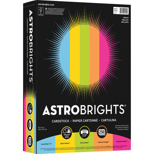 Astrobrights Color Card Stock - 5 Assorted Colours - 8 1/2" x 11" - 250 / Pack - High-impact, Durable, Printable, Acid-free, Lignin-free - Lunar Blue, Solar Yellow, Terra Green, Cosmic Orange, Firebal