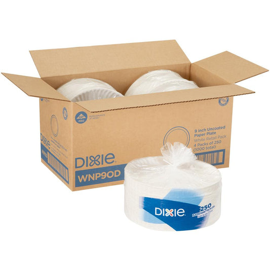 Dixie 9" Uncoated Paper Plates by GP Pro - 250 / Pack - Disposable - White - Paper Body - 4 / Carton