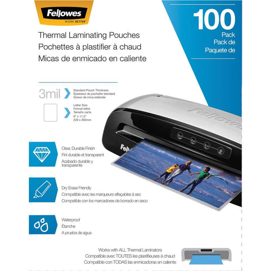 Fellowes Letter-Size Thermal Laminating Pouches - Sheet Size Supported: Letter 8.50" Width x 11" Length - Laminating Pouch/Sheet Size: 9" Width x 11.50" Length x 3 mil Thickness - Glossy - for Documen