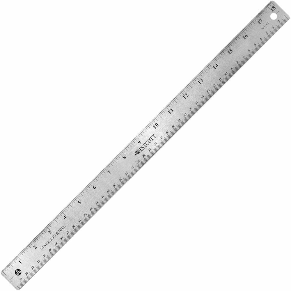 Westcott Stainless Steel Rulers - 18" Length 1" Width - 1/16, 1/32 Graduations - Metric, Imperial Measuring System - Stainless Steel - 12 / Box - Stainless Steel