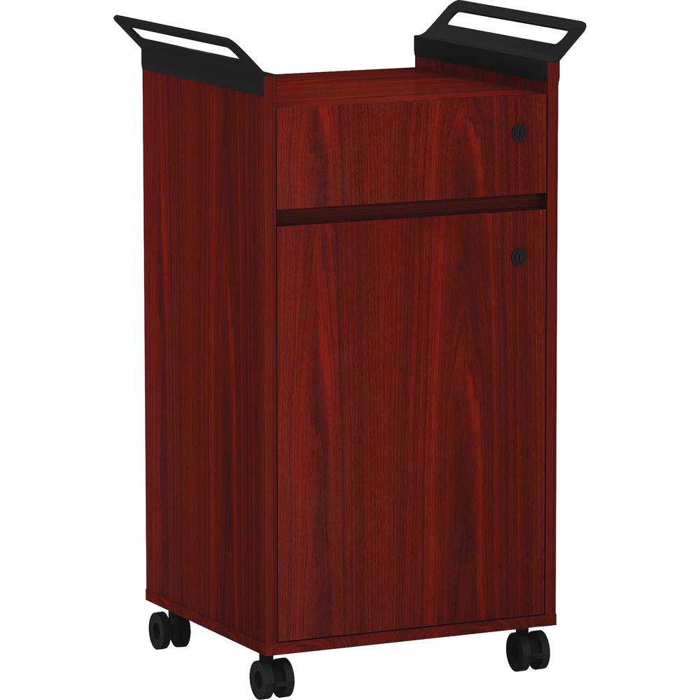 Lorell Mobile Storage Cabinet with Drawer - 23.5" x 17.8" x 36.4" - 1 x Door(s) - Mobility, Built-in Handle - Mahogany - Laminate - Assembly Required