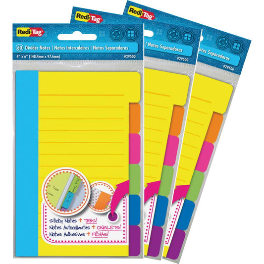 Redi-Tag Assorted Tab Ruled Sticky Notes - 10 x Blue, 10 x Green, 10 x Orange, 10 x Pink, 10 x Purple, 10 x Yellow - 4" x 6" - Rectangle - 60 Sheets per Pad - Ruled - Multicolor - Paper - Self-adhesiv