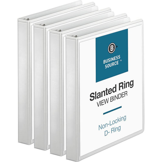 Business Source Basic D-Ring View Binders - 1" Binder Capacity - Letter - 8 1/2" x 11" Sheet Size - 240 Sheet Capacity - 3 x Slant D-Ring Fastener(s) - Internal Pocket(s) - Polypropylene - White - Stu