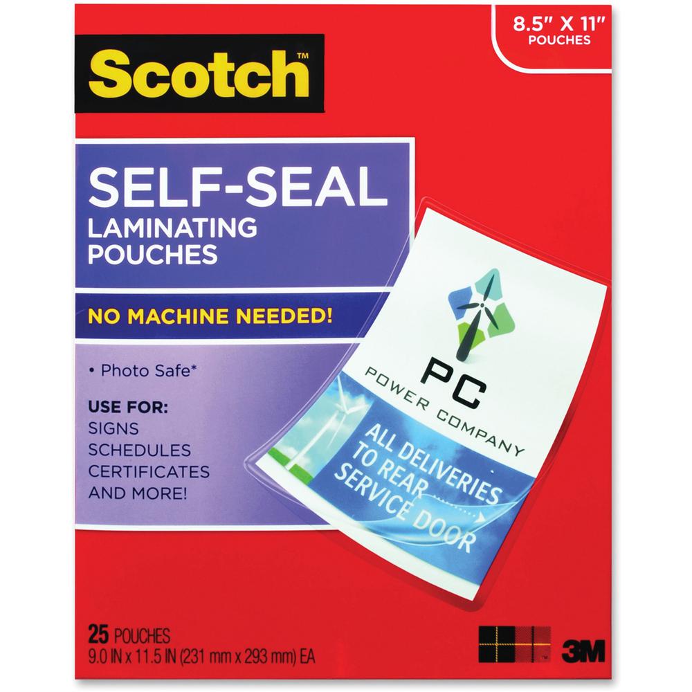 Scotch Self-Seal Laminating Pouches - Sheet Size Supported: Letter - Laminating Pouch/Sheet Size: 9" Width x 11.50" Length x 9.50 mil Thickness - Thick Gloss - for Document, Schedule, Presentation, Ph