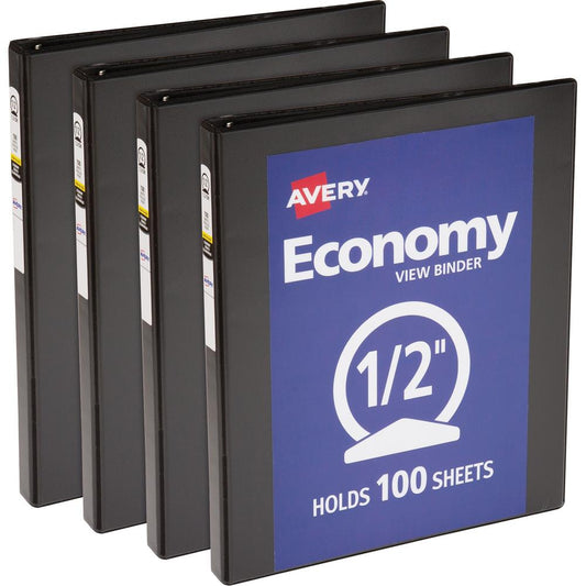 Avery&reg; Economy View Binder - 1/2" Binder Capacity - Letter - 8 1/2" x 11" Sheet Size - 100 Sheet Capacity - 3 x Round Ring Fastener(s) - 2 Internal Pocket(s) - Vinyl, Chipboard - Black - 1 lb - Ga