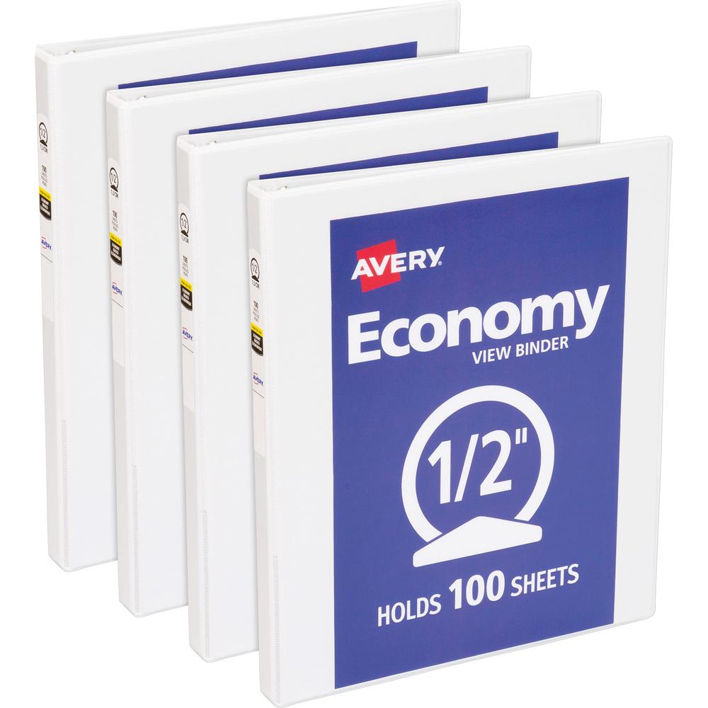 Avery&reg; Economy View Binder - 1/2" Binder Capacity - Letter - 8 1/2" x 11" Sheet Size - 100 Sheet Capacity - 3 x Round Ring Fastener(s) - 2 Internal Pocket(s) - Vinyl, Chipboard - White - 13.12 lb