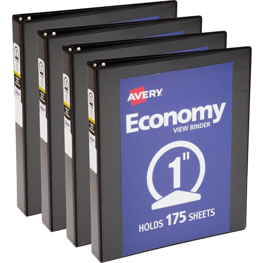 Avery&reg; Economy View Binder - 1" Binder Capacity - Letter - 8 1/2" x 11" Sheet Size - 175 Sheet Capacity - 3 x Round Ring Fastener(s) - 2 Internal Pocket(s) - Vinyl, Chipboard - Black - 15.84 oz -