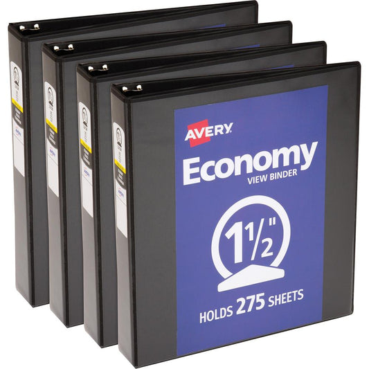 Avery&reg; Economy View Binder - 1 1/2" Binder Capacity - Letter - 8 1/2" x 11" Sheet Size - 275 Sheet Capacity - 3 x Round Ring Fastener(s) - 2 Internal Pocket(s) - Vinyl, Chipboard - Black - Gap-fre